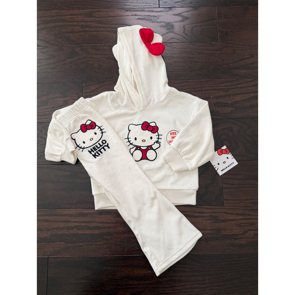 Hello Kitty Velour Hoodie and Flare Pants Set Cream Red Bow Kids 2T